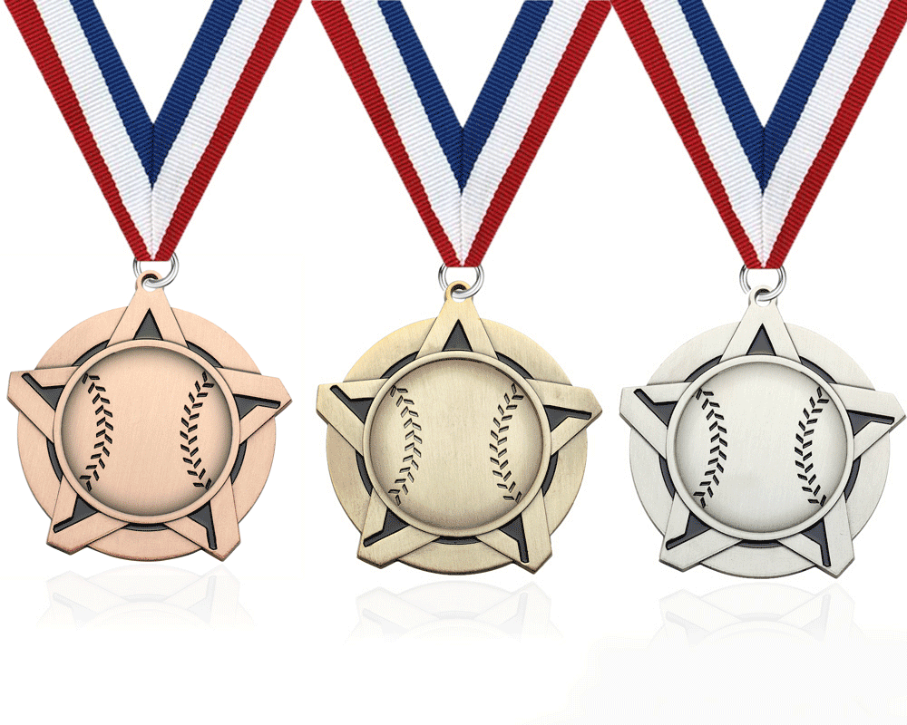 定制生产制作的体育运动比赛棒球五角星金银铜参赛获奖者荣誉奖励奖牌带蓝白红织带
