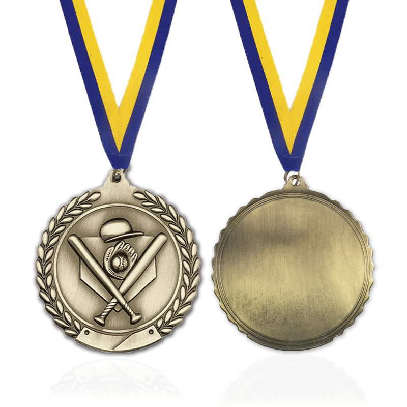 锌合金棒球运动赛事主题复古金银铜定制奖牌体育俱乐部周边商品纪念品带蓝黄织带